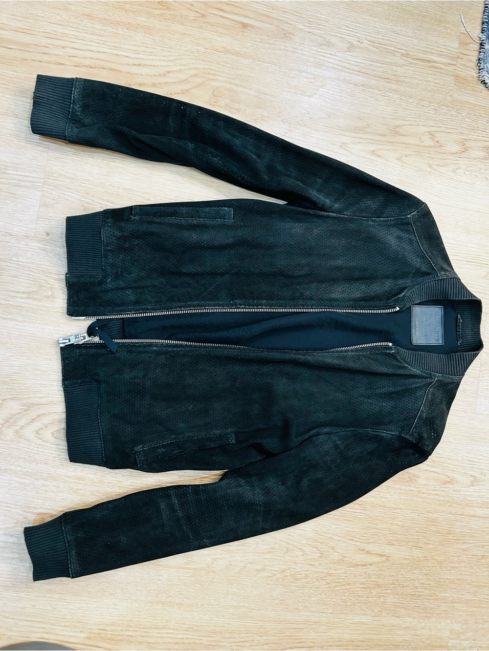 AllSaints Black Suede Perforated Bomber Jacket